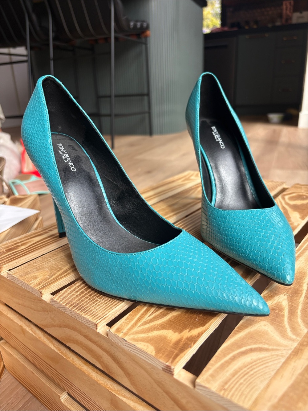 Tony Bianco Teal Snake-Embossed Pointed Toe Stilettos